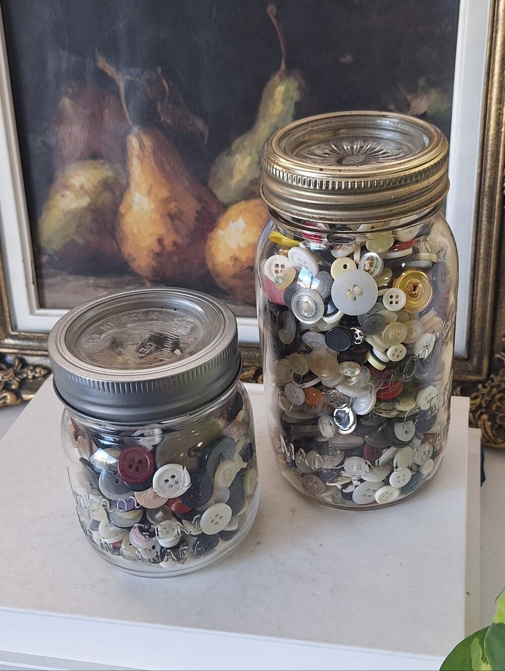 Vintage laundry room decor - vintage gem canning jar with buttons set 2